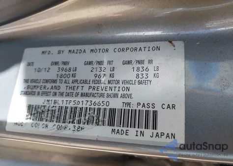 2013 Mazda Mazda3 I Sv z USA, uszkodzony, nr VIN JM1BL1TF5D1736650